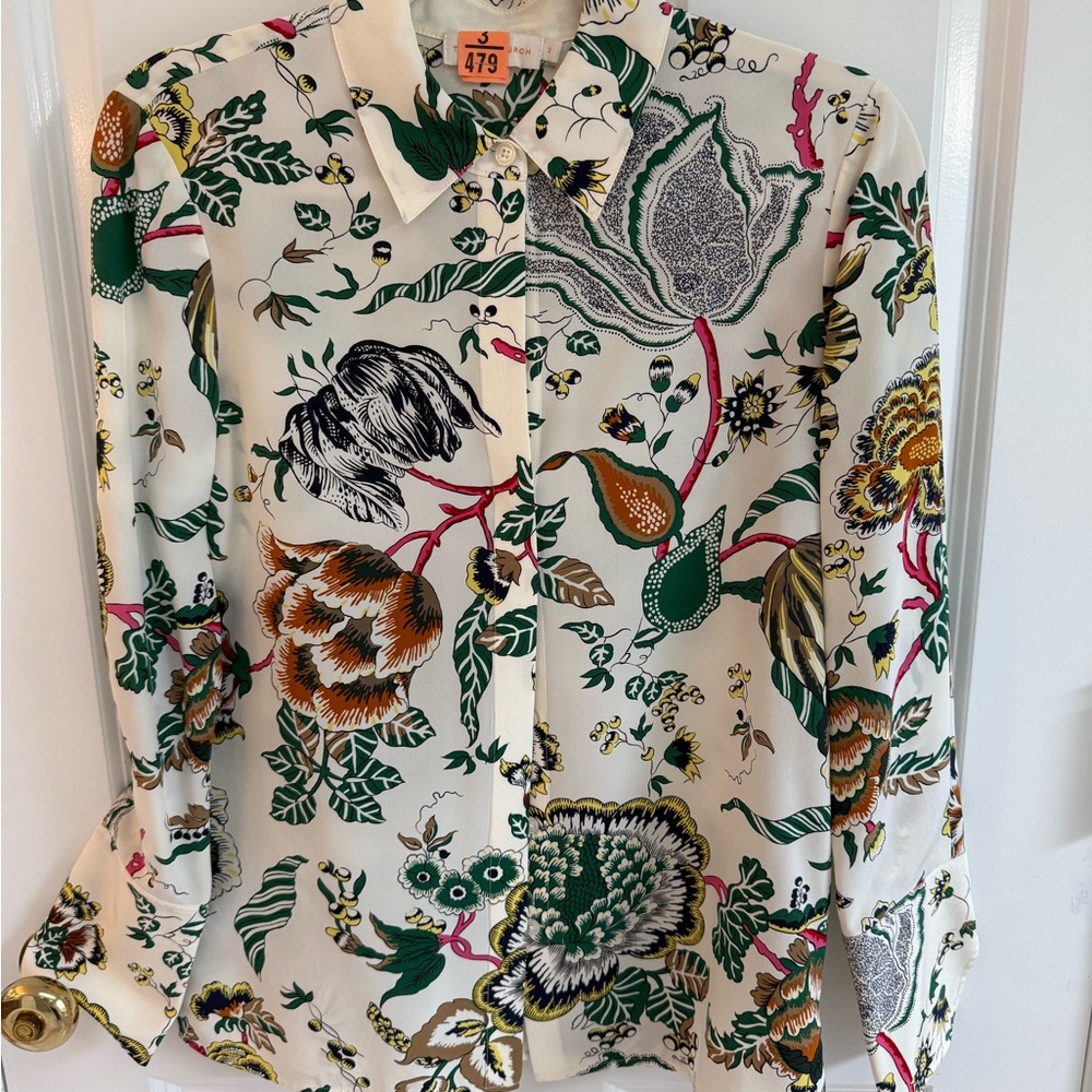 Tory Burch Green and Cream Silk Floral Shirt